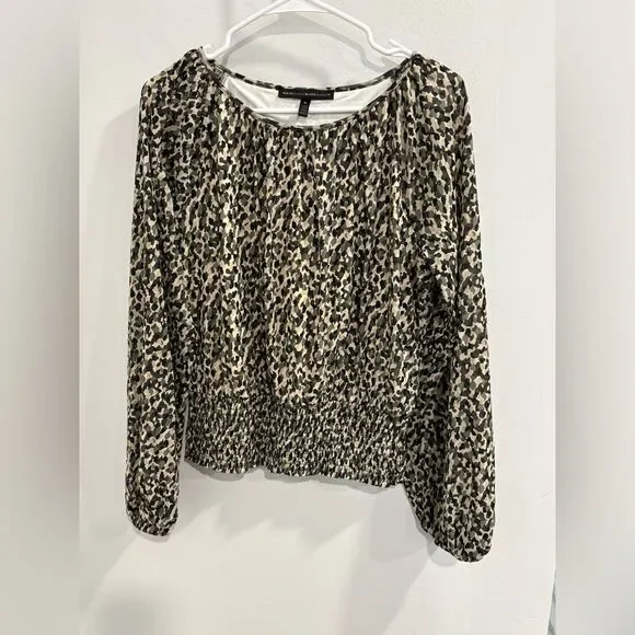 White House Black Market Black Olive Green and Cream Smocked Blouse