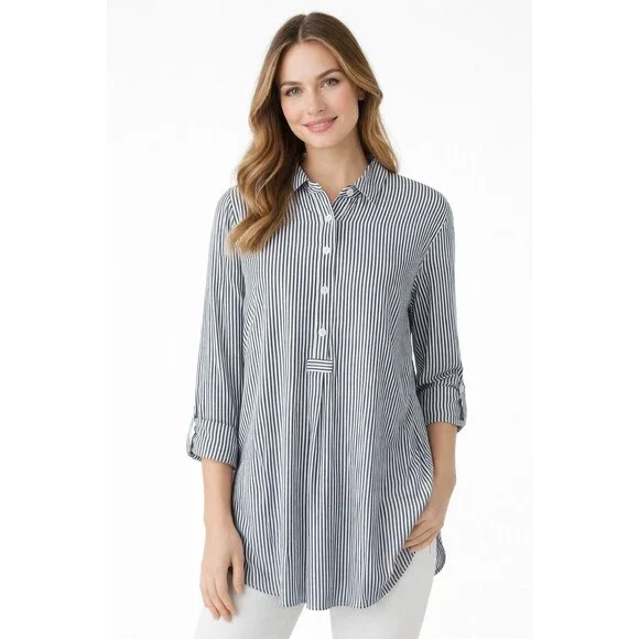J. Jill Black White Striped Tunic Button Front Blouse Long Sleeve Size L