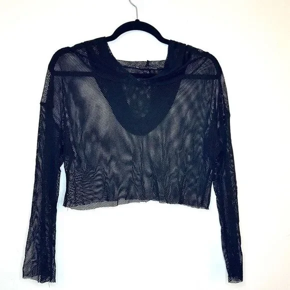 Fashion Nova Long Sleeve Hooded Pullover Mesh Sheer Black Crop Top Large