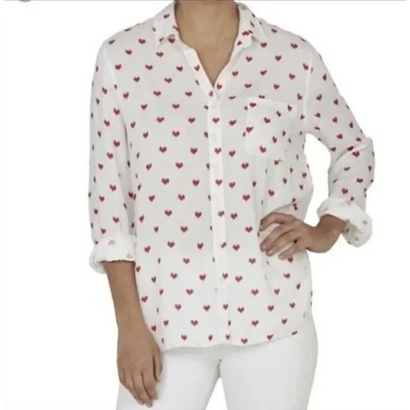 BeachLunchLounge Collection Women’s White Red Heart Button Down Blouse- No Size