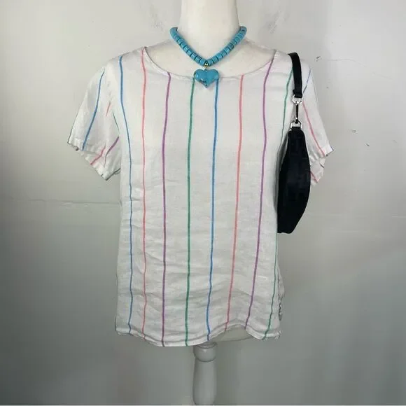 Christian Siriano 100% Linen Stripped Multicolor Top Short Sleeve size Small