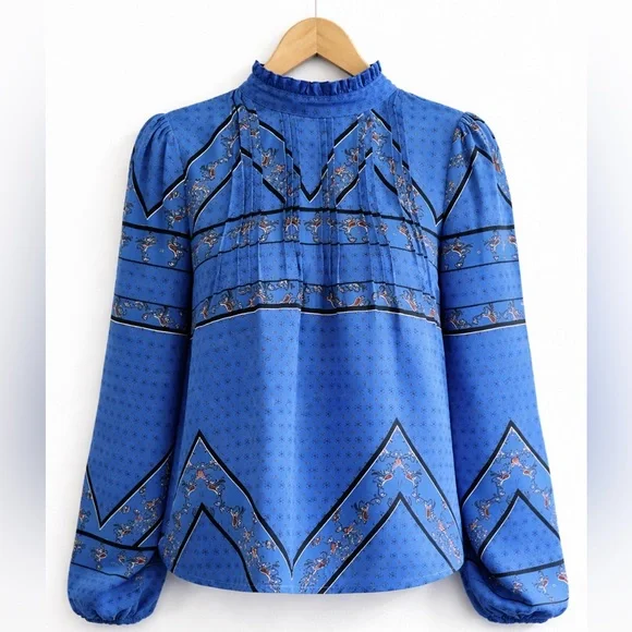 Boho Blue Blouse Balloon Sleeve Ruffle Neck Lightweight S