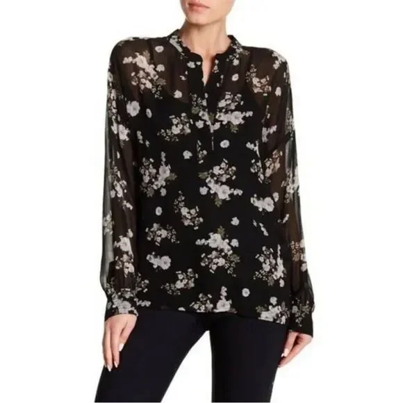 Vince Sheer Silk Black and White Floral Blouse
