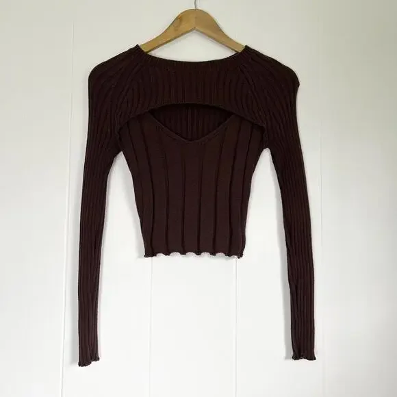 Aeropostale Brown Ribbed Open Front Keyhole Long Sleeve Crop Top Women's Small