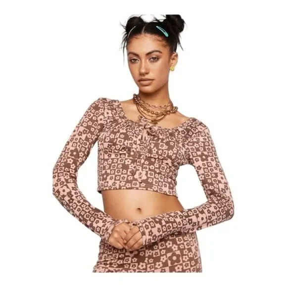 NWT Urban Outfitters Daisy Street Pink Brown Floral Long Sleeve Crop Top Size M