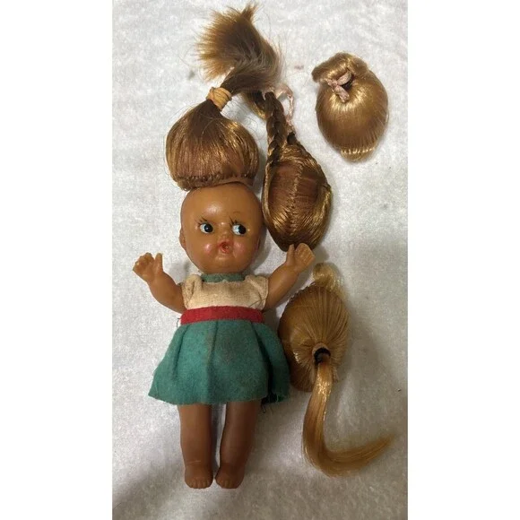 Vintage Miniature Doll 4 Inches Interchangeable Hair Five Piece Set Japan.  CH