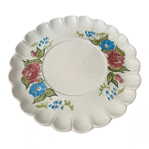Vintage Ceramic California Floral Pink Rose Platter 13 Inches Scalloped Edges