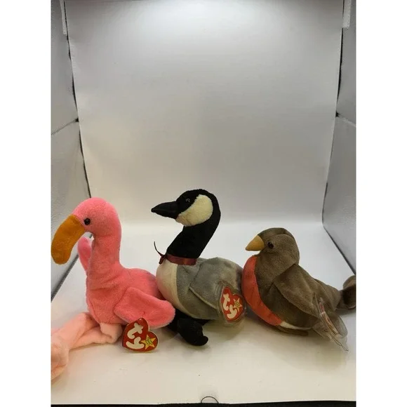 Ty Beanie Babies Bird Lot - Pinky Flamingo, Loosy Goose, Red Robin