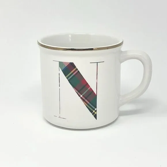 New Pottery Barn Plaid Alphabet Cup Mug Letter N Initial Monogram 16 oz. NWT