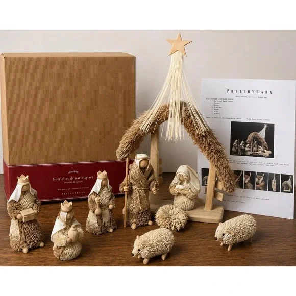 Pottery Barn Bottle Brush Nativity Set Complete 10 Pc w Box Christmas Decor