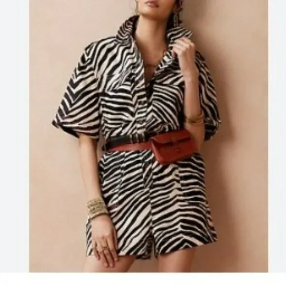 Banana Republic‎ Zebra Safari Romper 100% Linen Size M Belted Shorts