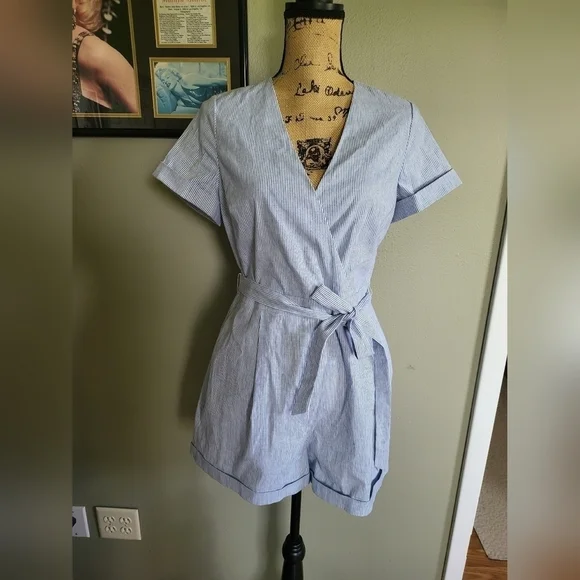 Striped Cotton-Linen Blend Romper | Banana Republic