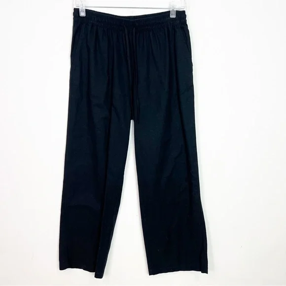 H&M BLACK WIDE LEG LINEN ELASTIC WAIST WITH TIE PANTS WIMENS SZ MEDIUM