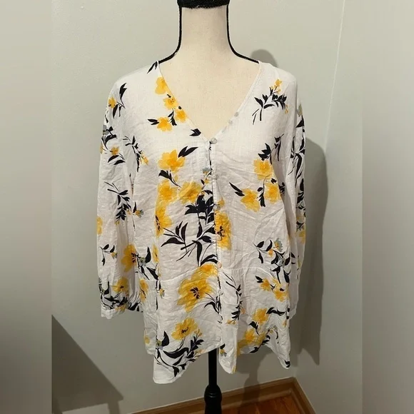 Liz Claiborne Top Womens XL 3/4” Button Peplum Floral Yellow Black White NWT