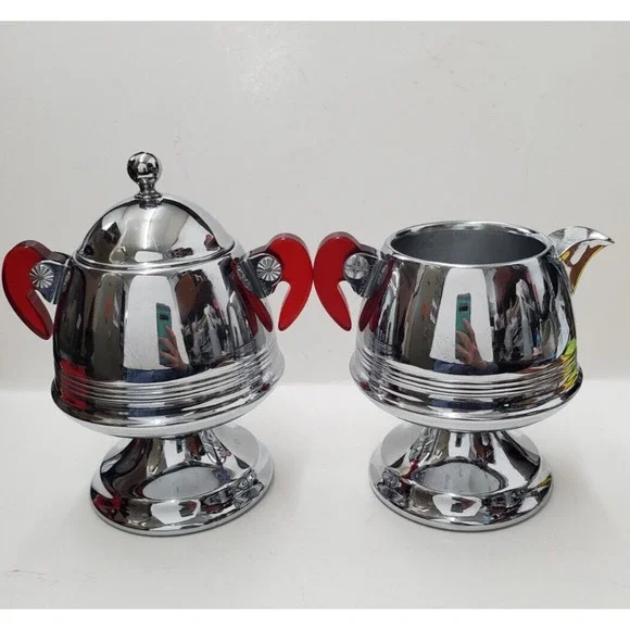 Vintage Chrome Sugar & Creamer Set Red Bakelite Handles Chrome Mid Century Retro