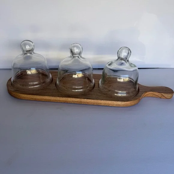 Unbranded Serving Board Set OS Brown Wood Glass Cloche Domes Farmhouse Boho 4pc