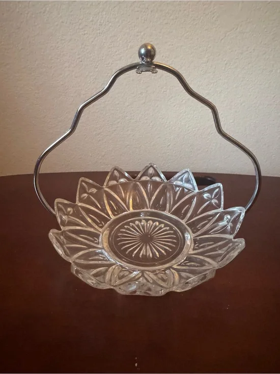 Vintage Condiment Glass Flower Dish with Metal Handle