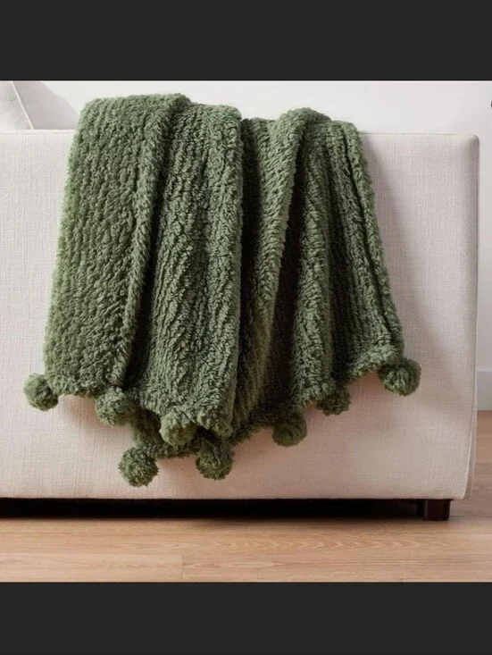 Pottery Barn Cozy Muted Green Pom Pom Sherpa Throw from Pottery Barn