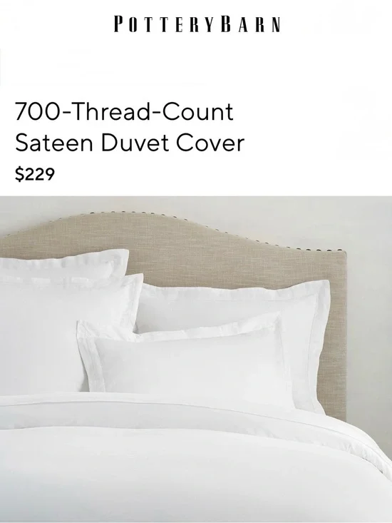 POTTERY BARN 700-Thread-Count Sateen Duvet Cover White