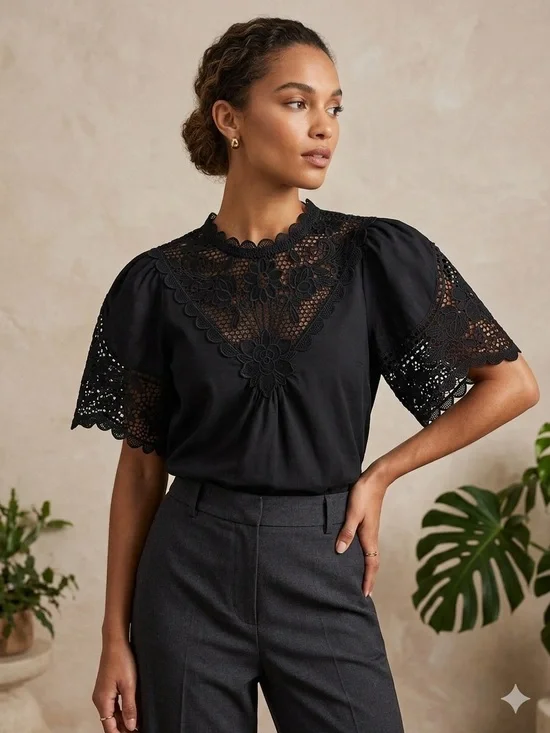 Democracy Black Lace Yoke Puff Sleeve Blouse