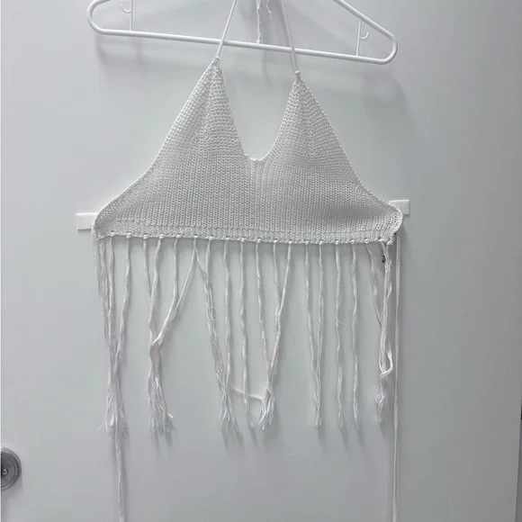 SHEIN Sz L White Fringe Halter Top