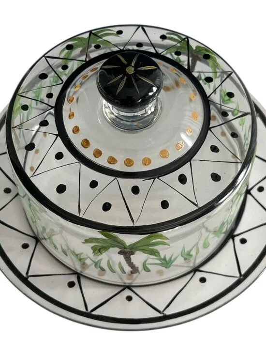 Hand Painted Glass Cheese Dome & Plate Palm Tree Design Black Gold Accents VTG