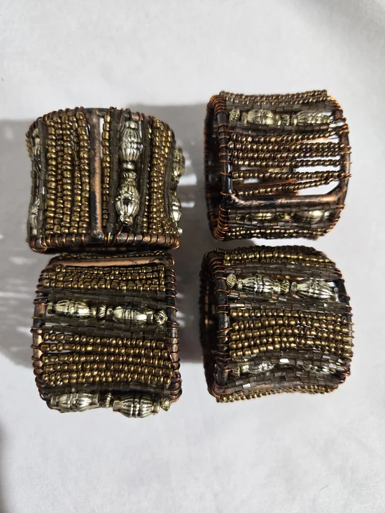 Vintage Bronze Gold Beaded Napkin Rings Set of 4 Metallic Wire Woven Holders