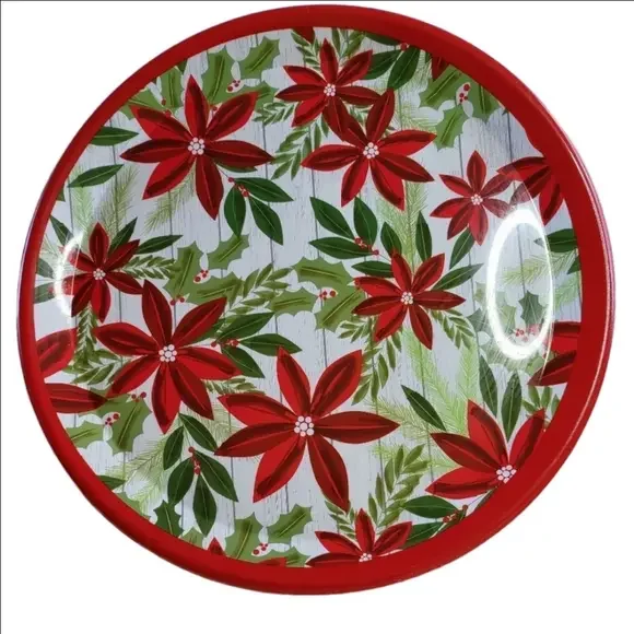Poinsettia Holly Berries Circular Serving Platter Medium