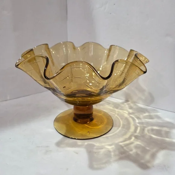 Amber Art Glass Ruffled Handkerchief Bowl Controlled Bubble Footed Compote