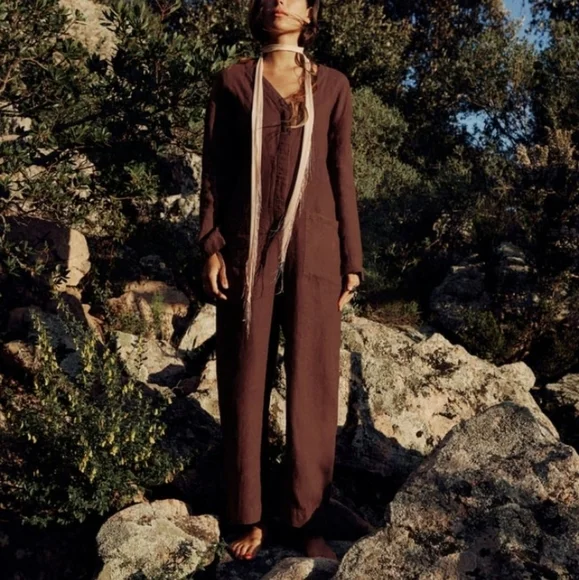 ZARA full-length Linen Boho Oversized Jumpsuit 100% linen