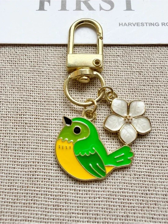 Gold Parrot Keychain Charm - Green & Yellow Bird with Flower