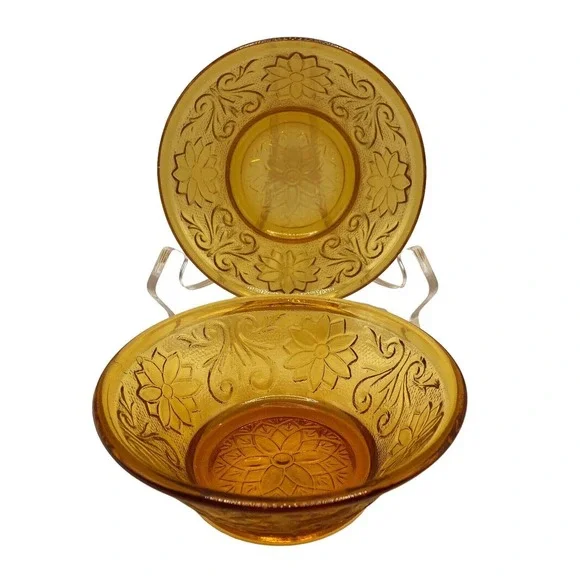 Vintage Indiana Glass Tiara Amber Sandwich Small Dessert Berry Bowls Set 2 1970s