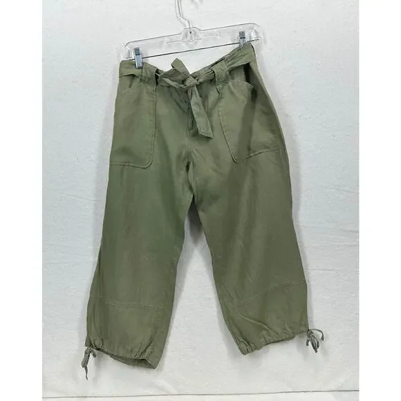 Banana Republic Cropped 100% Linen Pants Satin Waistband & Ankle Ties. Size 8P