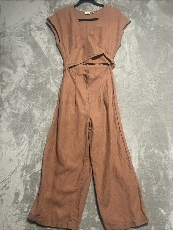 Wilfred Brax Jumpsuit Women’s 2 Linen Blend Tie Crossover Wrap Top Brown Pockets