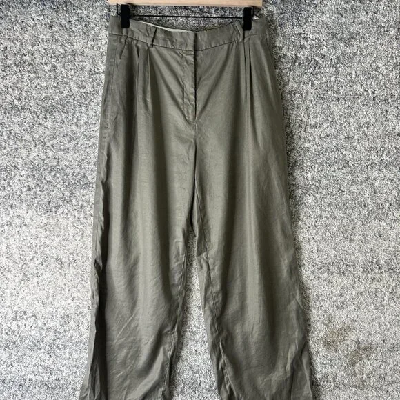 Babaton Pants Womens 8 Olive Linen Blend Wide Leg Pleated Trousers Zip Fly Lined