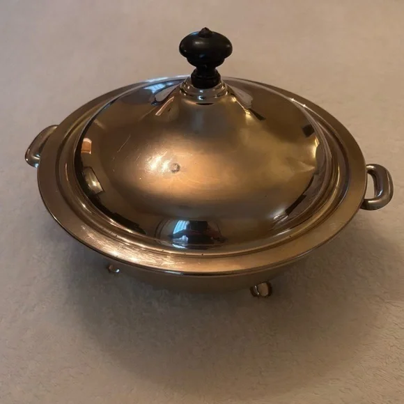 Vintage Silver Footed & Lidded Serving Dish with Cobalt Blue Insert Dish