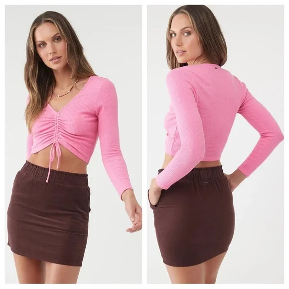o’neill leanne ruched tie crop long sleeve new nwt top