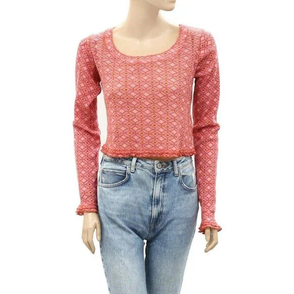 Free People Garner Long Sleeve Tee Blouse Top Cotton Print Ruffle L New