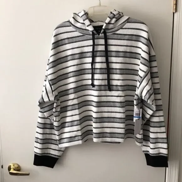 1 State Jacquard Knit Stripe Hooded Pullover L NWT