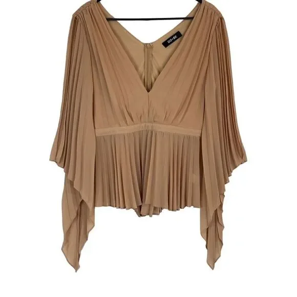 Do+Be Tan Color Pleated Deep V Neck Split Sleeve Top Size Large