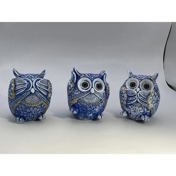 See No Evil Hear No Evil Speak No Evil Blue/white Resin Owls Gold Accents