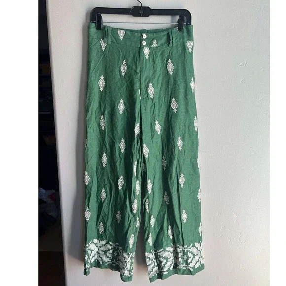 Zara Embroidered Linen Wide Leg Pants S Cottagecore Boho Euro Summer Clean Girl