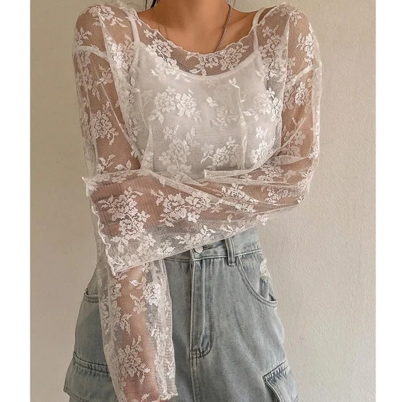Boho Floral print Lace Sheer Long Sleeve Cropped Top
