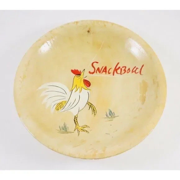 VTG Nevco Wood Rooster Snack Bowl Hand Painted No Handle Primitive Country Japan