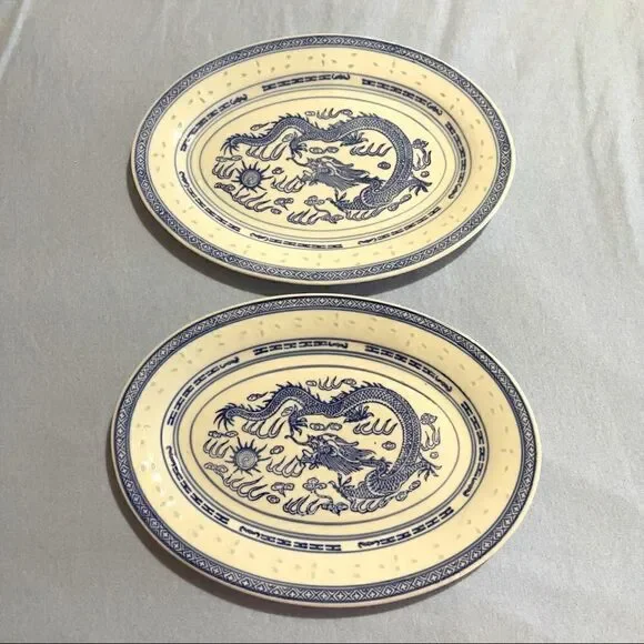 Set of 2 Chinese Dragon Print Oval Small Platters