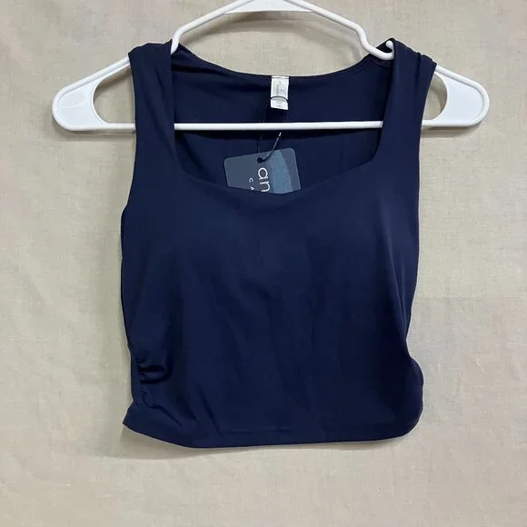 Anna-Kaci Women Small Navy Blue Active Square Neck Wide Straps Cropped Tank Top