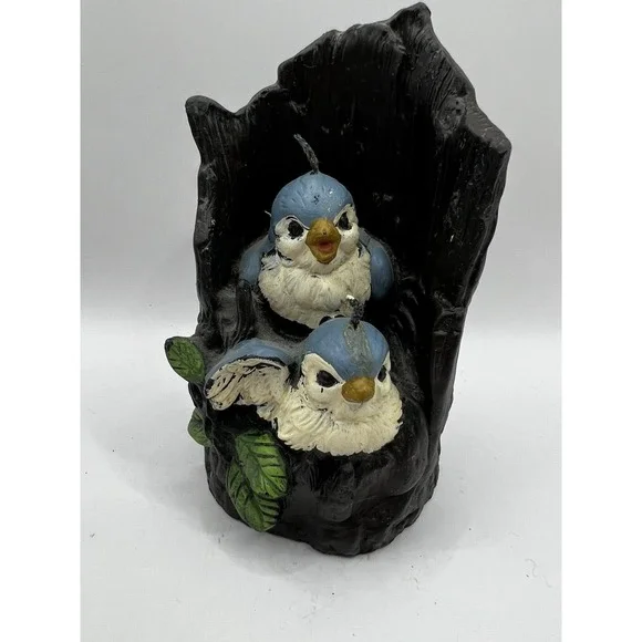 Vintage BLUE BIRDS Candle wax Figure Painted in Tree 1970s Excellent 3-D
