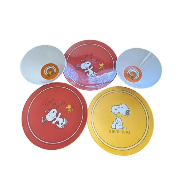 5 Pottery Barn Peanuts Plates bowls Charlie Brown Snoopy Woodstock Thanksgiving