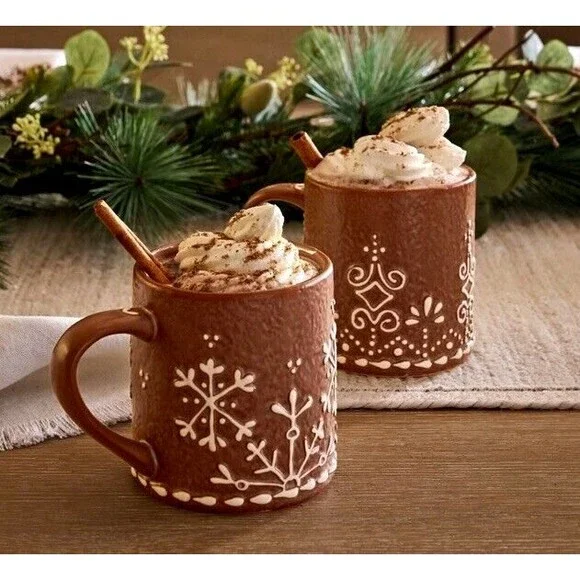 Pottery Barn Set of 2 Iced Gingerbread Brown Mugs 11oz Stoneware NIB Christmas