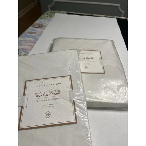 Pair of Pottery Barn Washed Cotton Ruffle Drape Curtains 52x84” per Panel